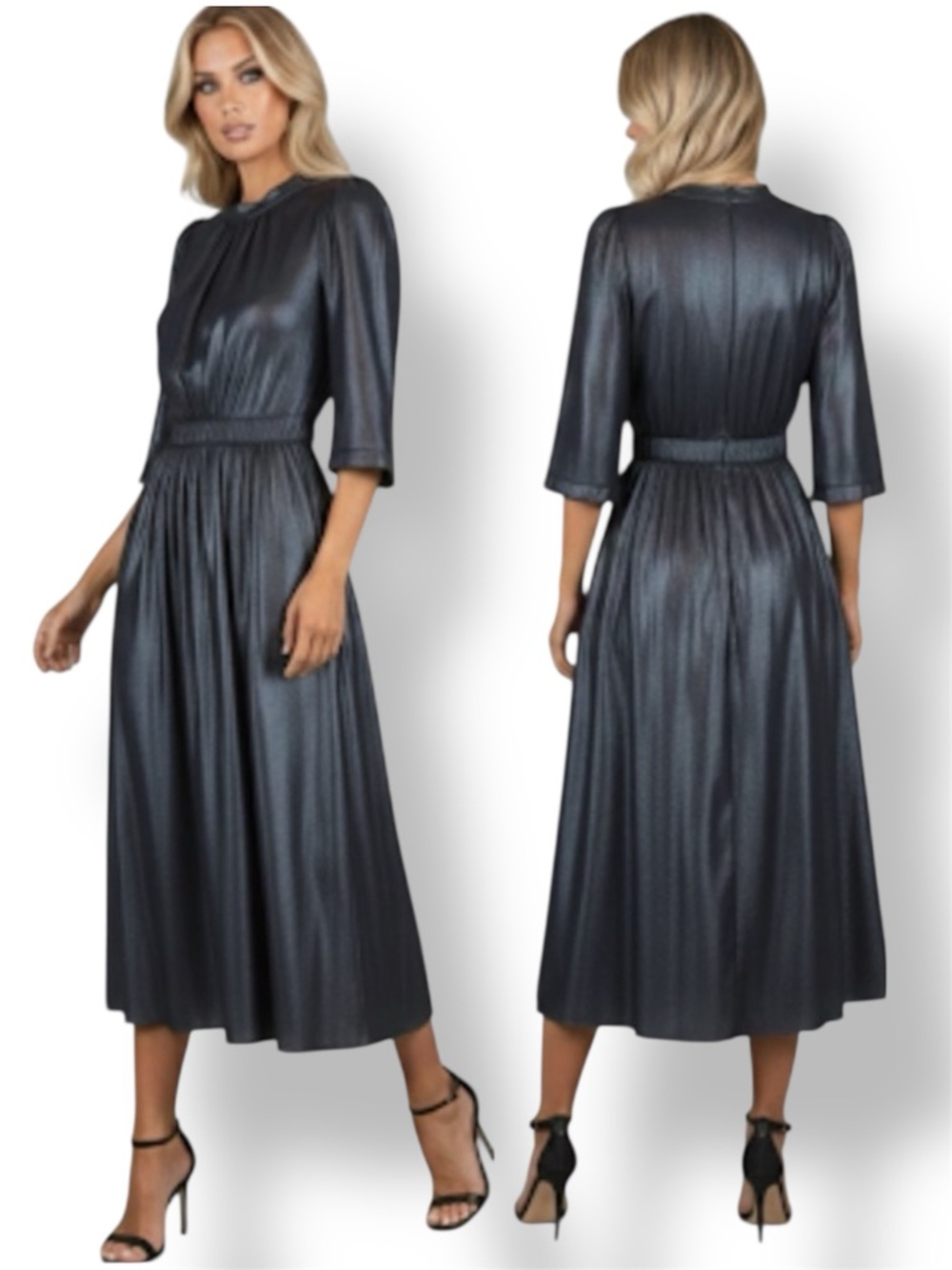 LK BENNETT London DR Louise Bell Sleeves Gunmetal Lamé Midi Dress Size 8